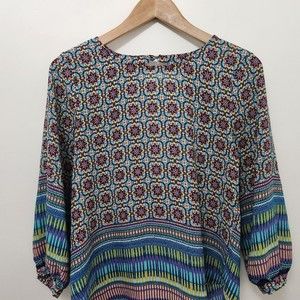 MERKAI Women's Fair Isle Geometric Open Back 3/4 Sleeve Blouse Size S